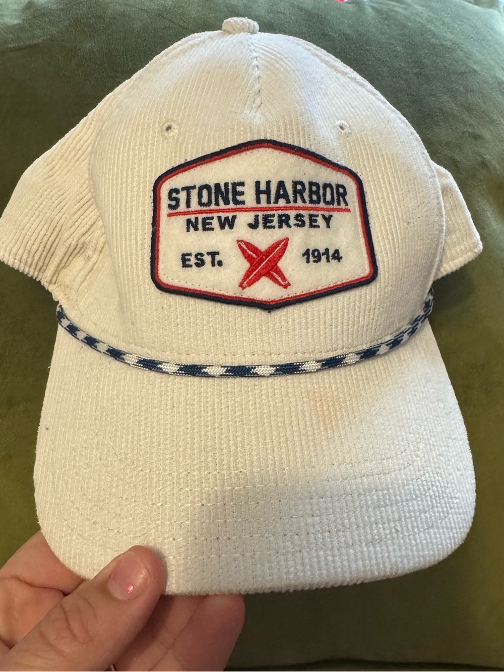 Legacy White Stone Harbor New Jersey Baseball Cap with Red Patch
